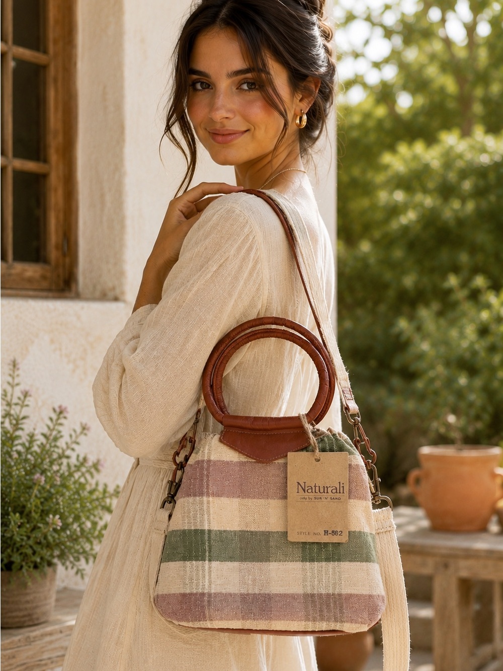 NWT Naturali Sun 'N' Sand Plaid Linen Leather Bucket Crossbody Boho Coastal Cott